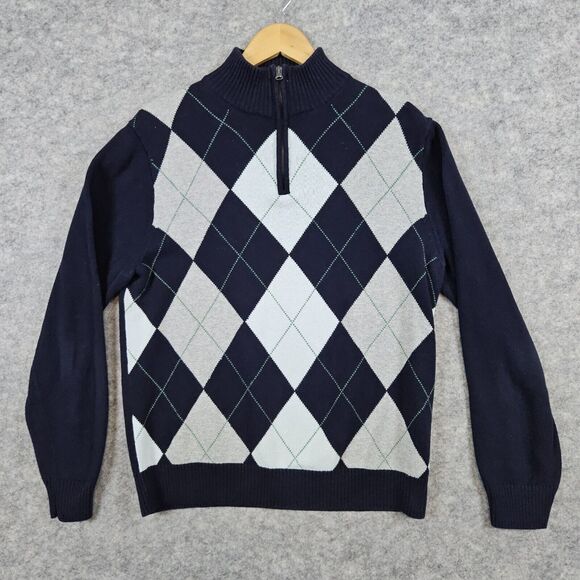 J. Crew Men's Blue & Gray Argyle Sweater Size M Quarter Zip Long Sleeve Pullover - Picture 1 of 10
